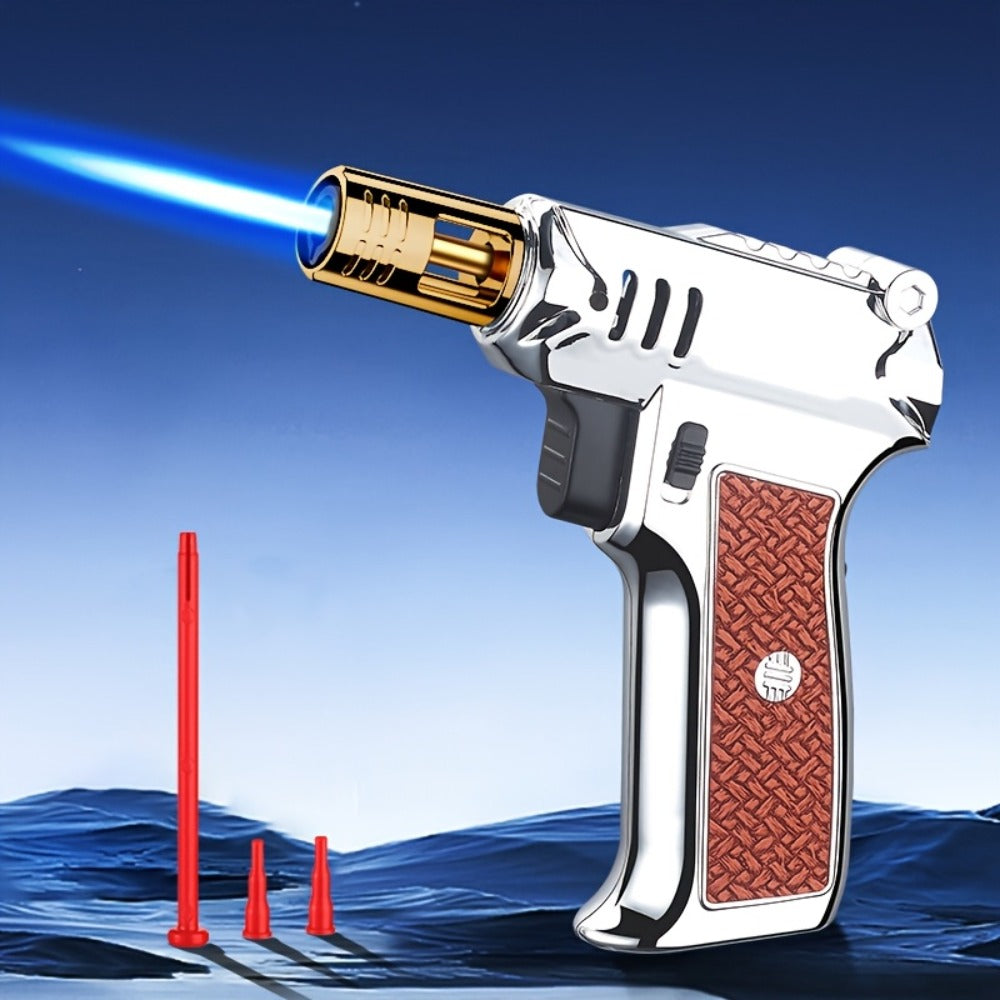 Pistol-Grip Refillable Butane Torch Lighter with Straight Flame in Black, Gold or Silver Finishes