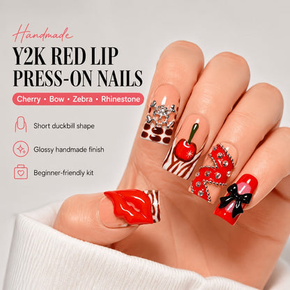 Short Duckbill Press On Nails 3D Red Lips Skull Cherry Bow Rhinestone – Zebra Stripe Polka Dot Sweet Cool Acrylic Nail Art Set for Party, Date Night & Daily Wear, 10pcs S/M/L with Tools