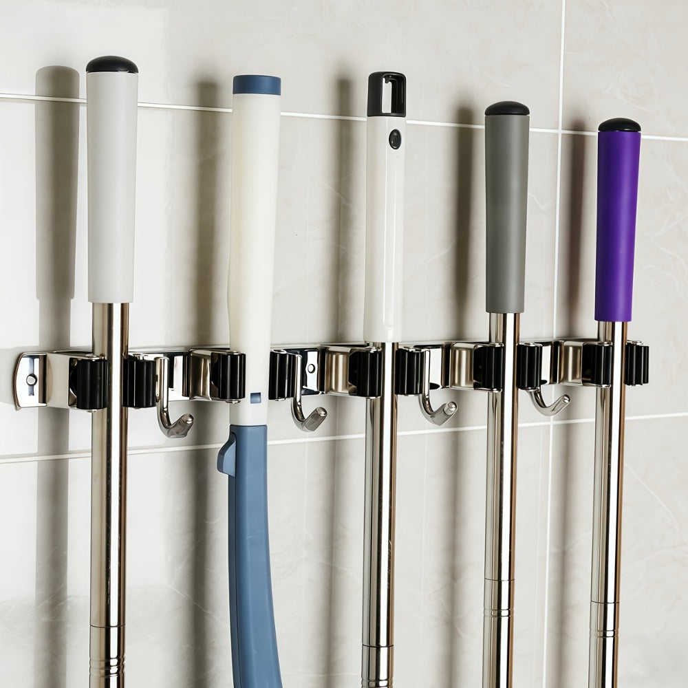 Mop and Broom Holder Wall Mount – Stainless Steel Heavy Duty Self Adhesive Rack with 5 Slots & 4 Hooks, No-Drill Storage Organizer for Kitchen Garage Laundry Garden Home