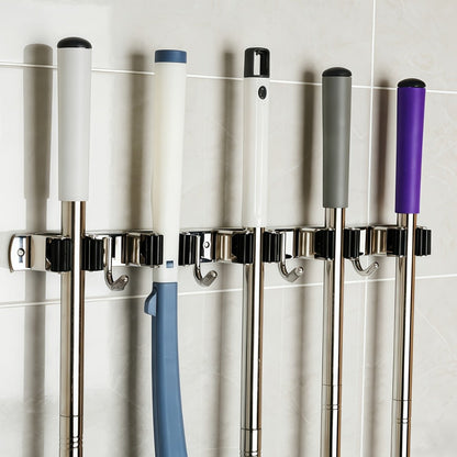 Mop and Broom Holder Wall Mount – Stainless Steel Heavy Duty Self Adhesive Rack with 5 Slots & 4 Hooks, No-Drill Storage Organizer for Kitchen Garage Laundry Garden Home