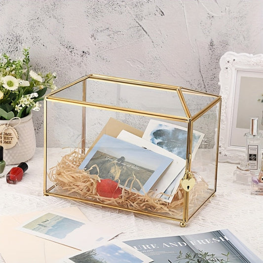 Wedding Card Box with Lock Glass Gold Transparent Slot Lid 10.2x5.9x8.3 In Holds 100 Cards for Wedding Baby Shower Birthday Party