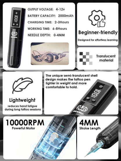 Tattoo Machine Kit Neebol Cordless Rotary Pen with 2000mAh Battery, 10 Cartridges, 7 Inks and Green Soap