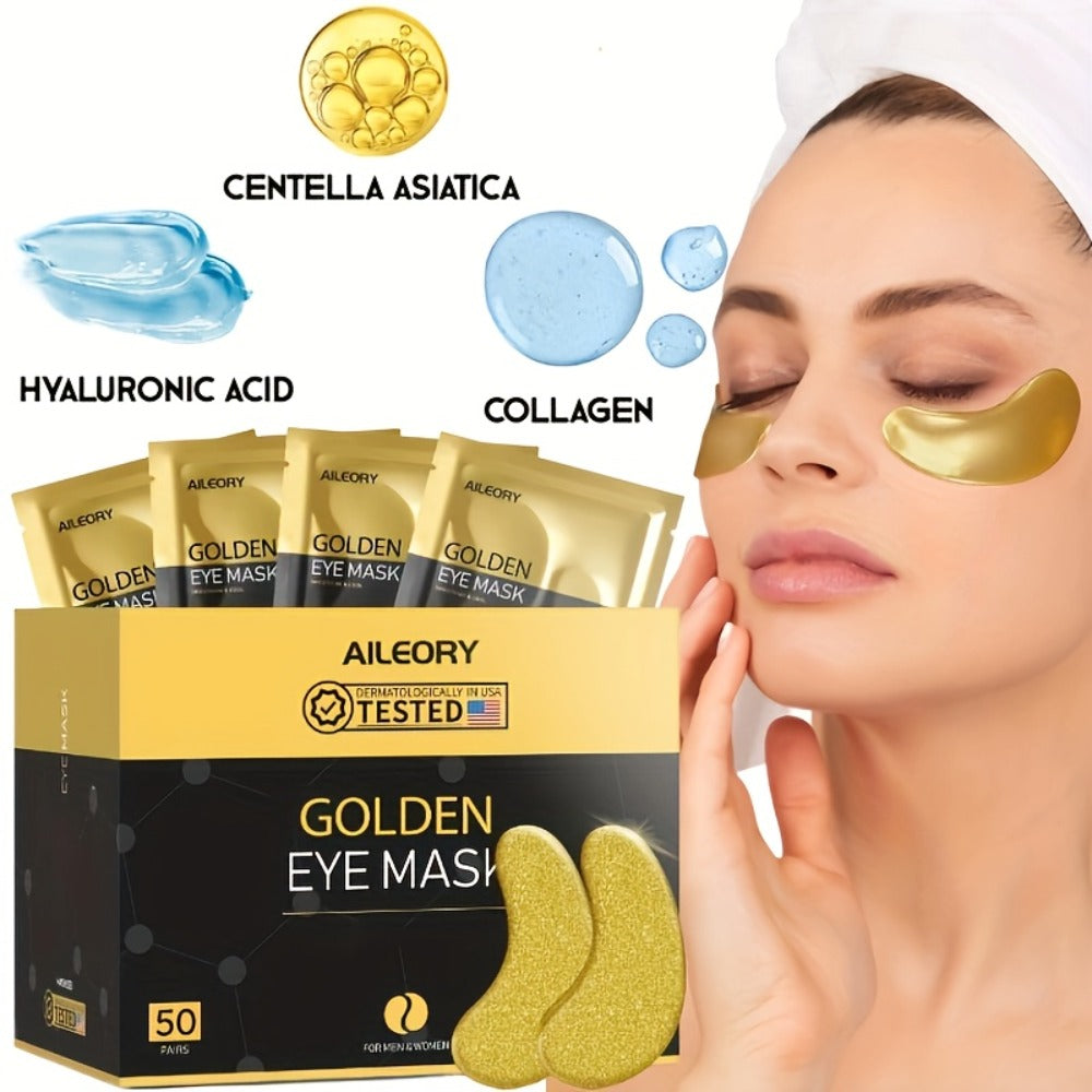 30-Pair ALIEORY Gold-Tone Under-Eye Patch Box with Individual Pouches and Collagen and Hyaluronic Acid Wording