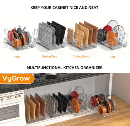 Cabinet Pot & Pan Organizer Rack with 10 Adjustable Dividers, 11"W x 17.5"D x 8.3"H, Chrome Steel Kitchen Storage