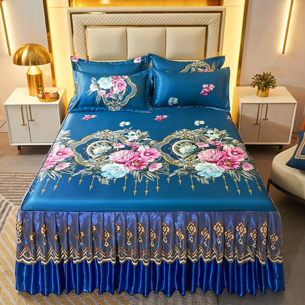 Ruffled Floral Bedspread Mat Set with Two Pillowcases, Twin to King Sizes and Four Pattern Choices