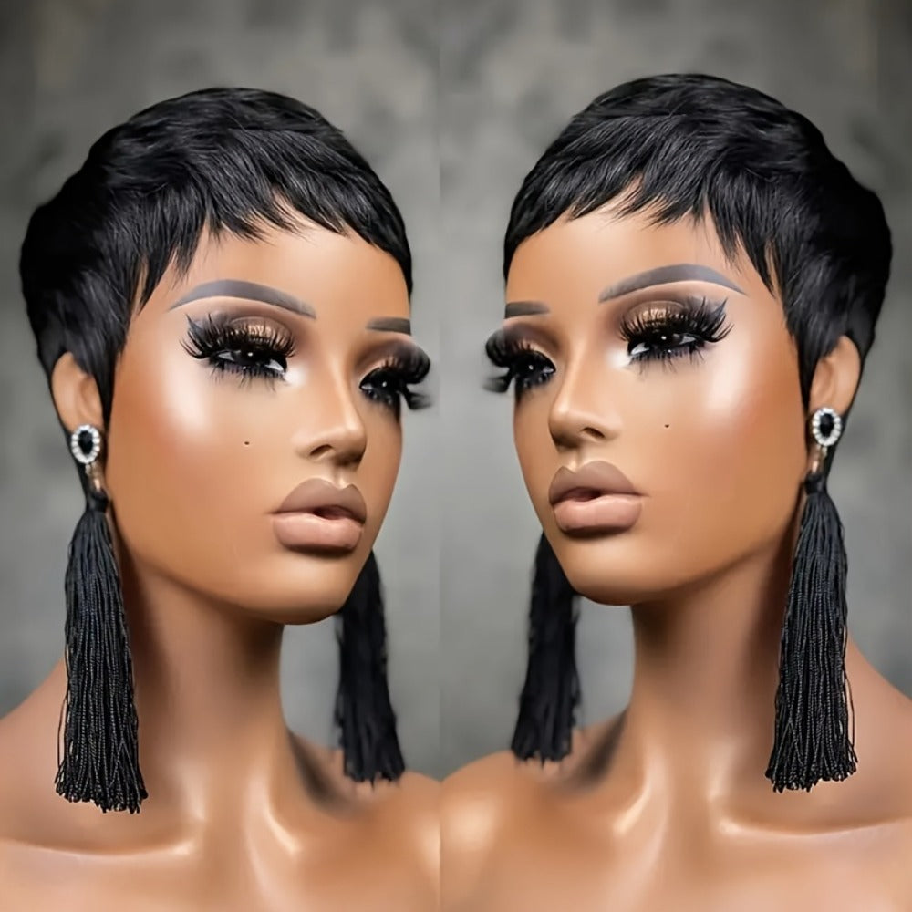 Pixie Cut Wig Human Hair Glueless 150% Density Short Straight Layered Bob Rose Net Cap | Wear and Go Natural Black Women Daily Special Occasions