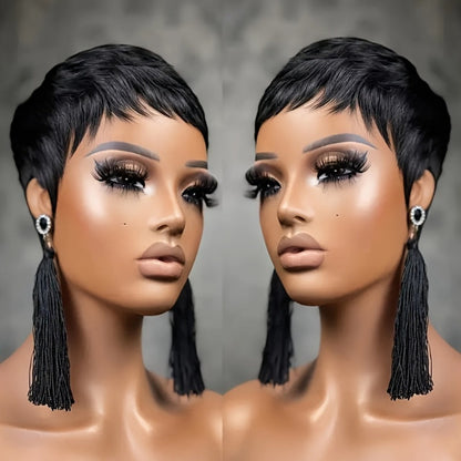 Pixie Cut Wig Human Hair Glueless 150% Density Short Straight Layered Bob Rose Net Cap | Wear and Go Natural Black Women Daily Special Occasions