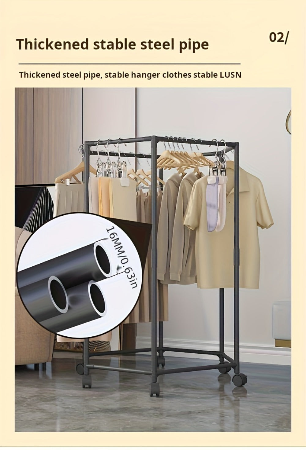 Rotating Hexagonal Garment Rack with Six-Sided Hanging Frame, Casters and Black or White Mesh-Bag Options