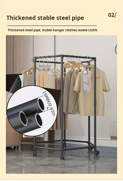 Rotating Hexagonal Garment Rack with Six-Sided Hanging Frame, Casters and Black or White Mesh-Bag Options