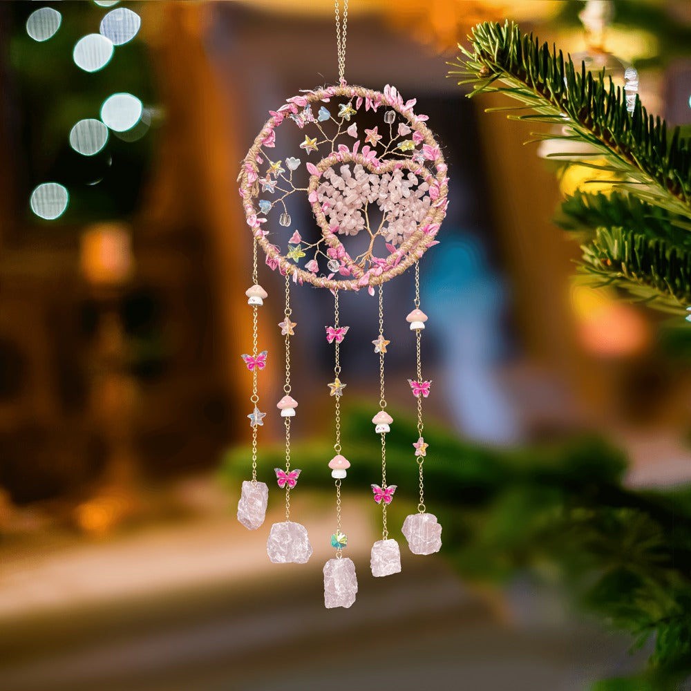Round Beaded Wall Hanging Decor in Purple, Pink or Green with Heart Charms and Five Hanging Strands
