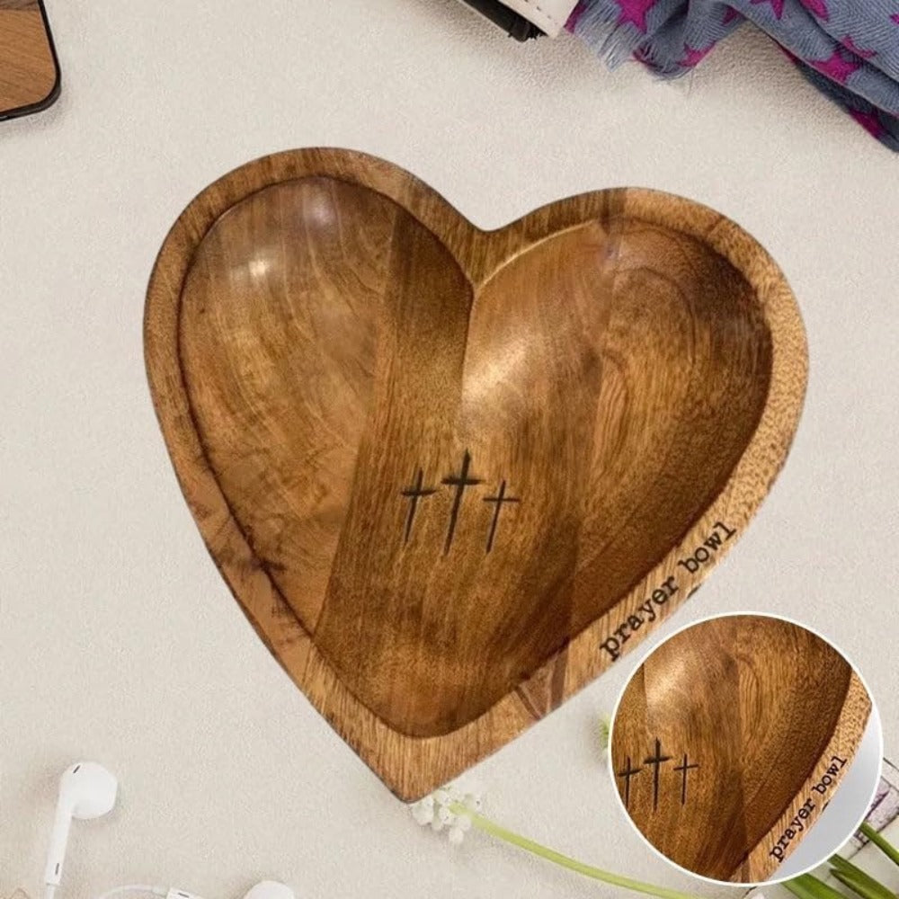 Heart-Shaped Wooden Prayer Bowl Set with Cross Engraving and Twenty-Four Printed Prayer Cards