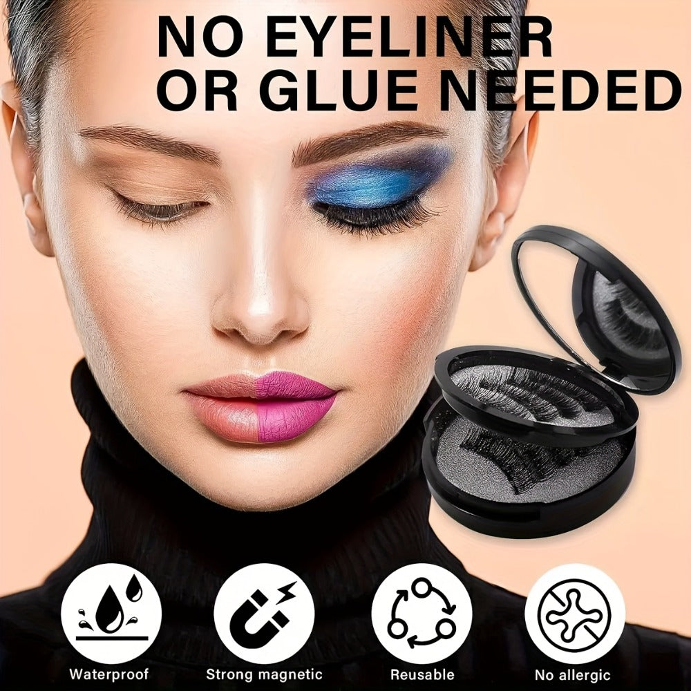 Magnetic False Eyelashes Kit with Eight Pairs, Round Storage Case and Metal Applicator Clip