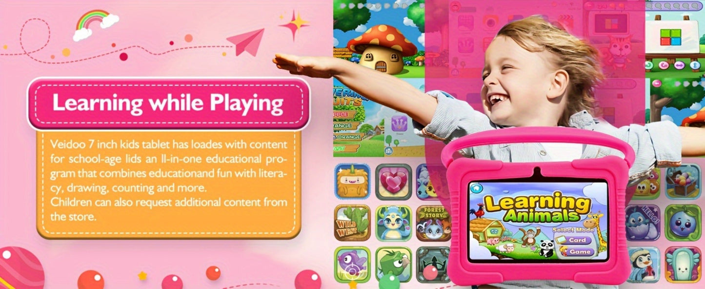 Veidoo 7 Inch Kids Tablet with Drop-Proof Silicone Cover – Eye Protection Screen, WiFi, 2GB RAM 16GB/32GB ROM, Dual Camera, Educational Games, Parental Control, Android Tablet Pink Blue Purple