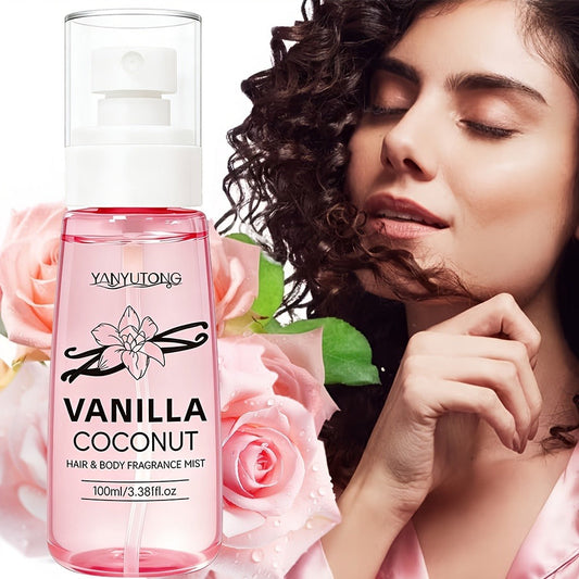 Coconut Vanilla Fragrance Mist Hair & Body Spray — Alcohol-Free with Vitamin E, Argan Oil & Glycerin, Moisturizing Long-Lasting Tropical Floral Scent, TSA-Approved, Women, 100ml — Gift for Her