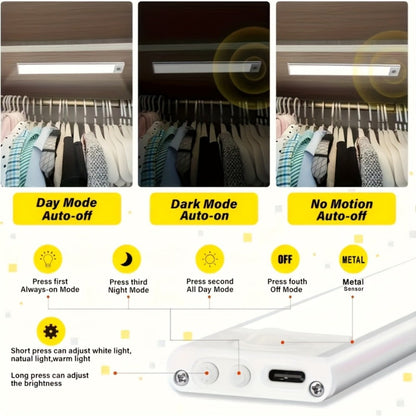 LED Motion Sensor Light USB-C Rechargeable 3 Color Temperatures Stepless Dimming Wireless Magnetic Under Cabinet Closet Night Light 1 2 4 Pack 20cm 30cm 40cm 50cm