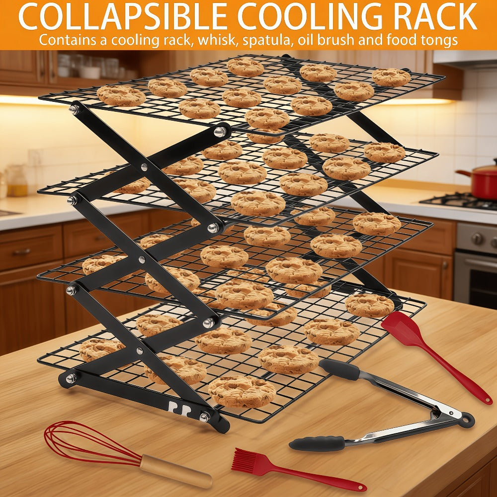Foldable Cooling Rack Set – Stackable Oven Cookie Cake Drying Rack with Free Baking Tools (Silicone Spatula, Egg Beater, Tongs, Brush) | 3/4/5 Tier Options for Kitchen, Camping & Holiday Baking