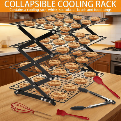 Foldable Cooling Rack Set – Stackable Oven Cookie Cake Drying Rack with Free Baking Tools (Silicone Spatula, Egg Beater, Tongs, Brush) | 3/4/5 Tier Options for Kitchen, Camping & Holiday Baking