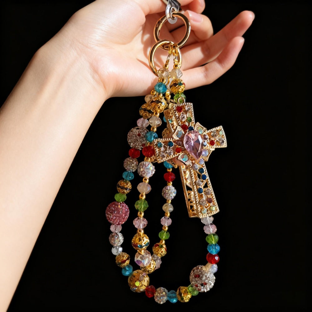 Colorful Crystal Cross Phone Chain Keychain with Rhinestone Beads and Gold-Tone Clasp for Bags or Phones
