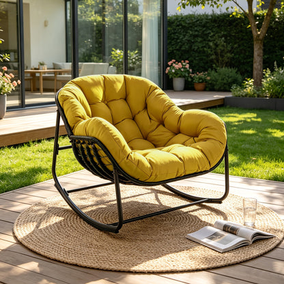 Papasan Rocking Chair Outdoor Wicker Egg Chair with Cushion & Pillow, Large Patio Rocker for Garden