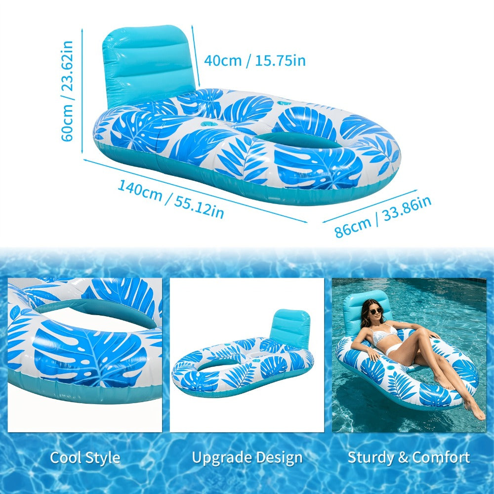 Blue Leaf-Pattern Inflatable Pool Recliner with Mesh Center, Headrest, Two Cup Holders and 55 x 34-Inch Base