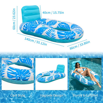 Blue Leaf-Pattern Inflatable Pool Recliner with Mesh Center, Headrest, Two Cup Holders and 55 x 34-Inch Base