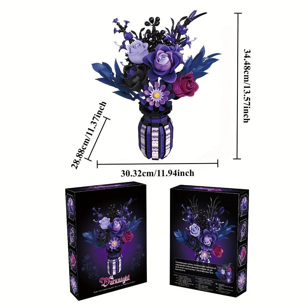1218-Piece Gothic Flower Bouquet Building Block Model with Mixed-Color Blooms and Brick-Built Vase
