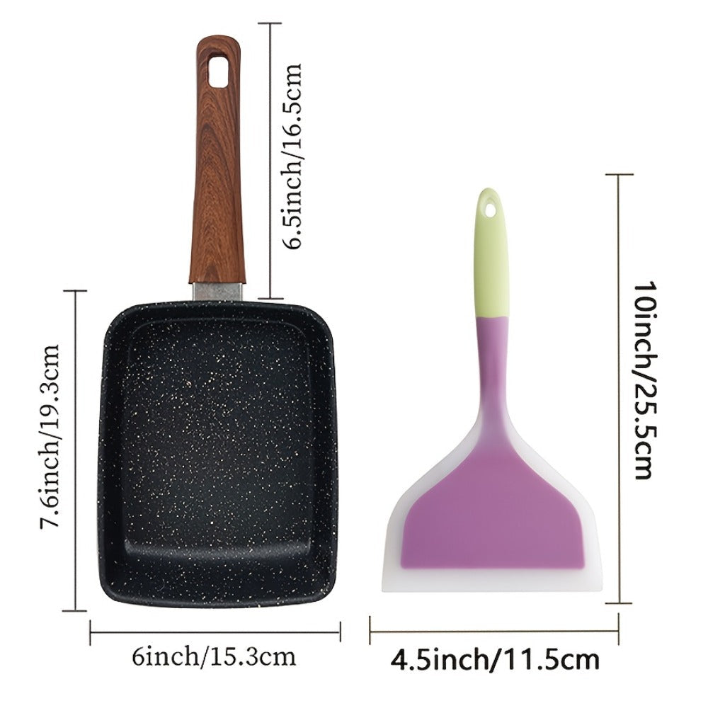 Rectangular Tamagoyaki Egg Pan with Wooden or Plastic Handle and Optional Silicone Spatula in Three Options