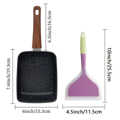 Rectangular Tamagoyaki Egg Pan with Wooden or Plastic Handle and Optional Silicone Spatula in Three Options