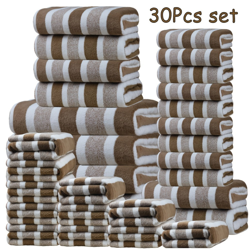 Thirty-Piece Striped Bath Towel Set with Bath, Hand and Washcloth Sizes in Ten Color Checkouts