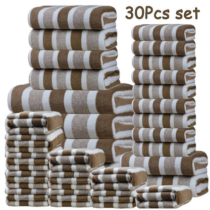 Thirty-Piece Striped Bath Towel Set with Bath, Hand and Washcloth Sizes in Ten Color Checkouts