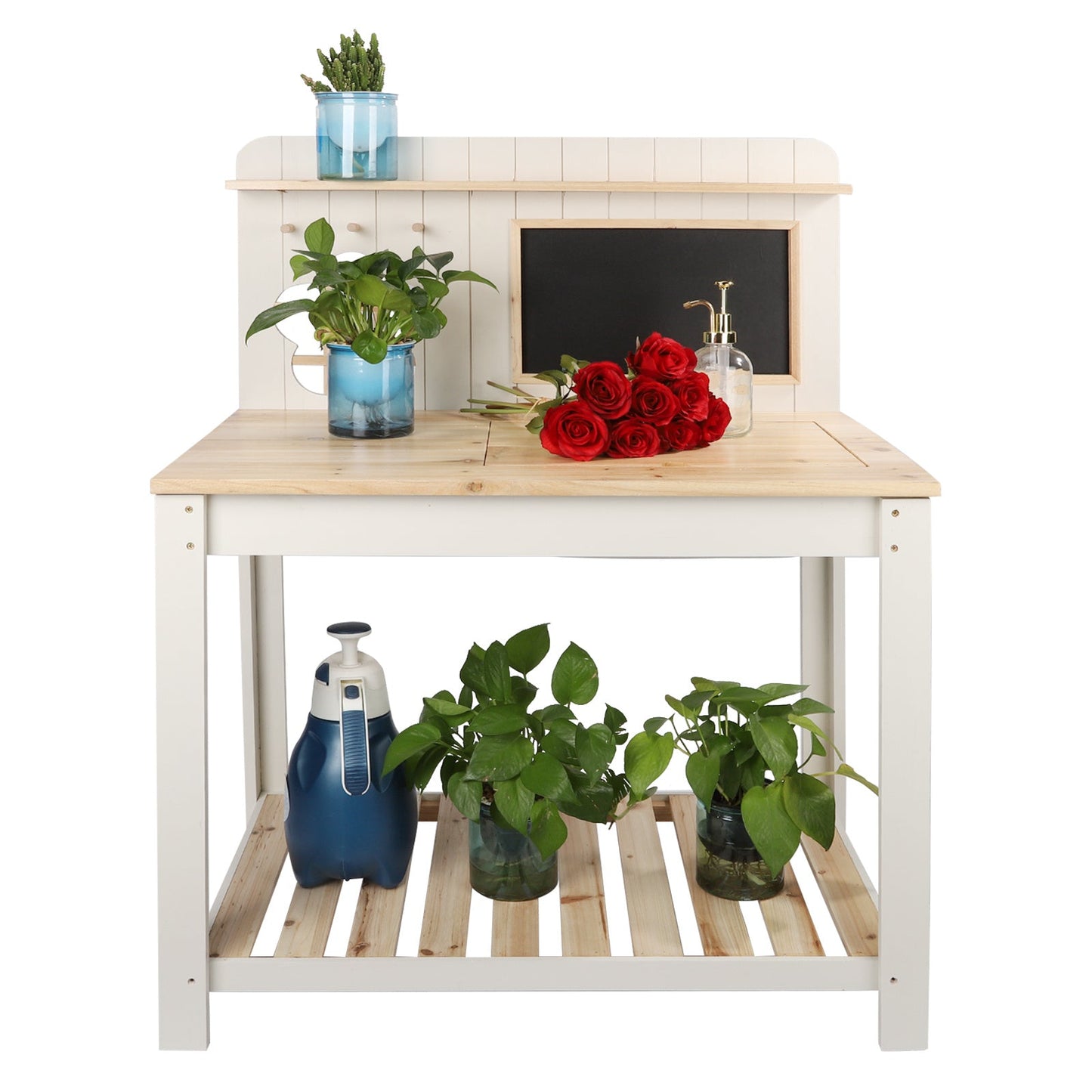 Potting Bench Table Cedar Wood Garden Workstation with Blackboard Removable Sink Hooks Double Shelf for Patio Balcony Courtyard Outdoor Planting Work Bench
