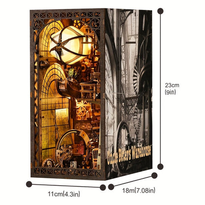 Corner Alley Wooden Book Nook Kit with 9-Inch Steampunk Street Scene, Sensor Light and YM05-Pete Option