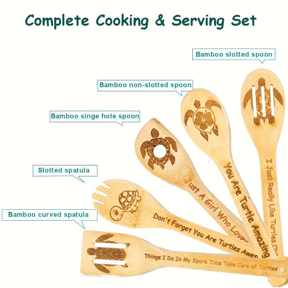 Kitchen Utensils Five-Piece Bamboo Spoon and Spatula Set with Engraved Turtle Designs for Cooking