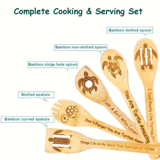 Wooden Cooking Spoons Utensils Set 5 Pcs – Carved Animal Bamboo Kitchen Gadgets Non-Stick Spatula Kit, Turtle Design Farmhouse Decor, Housewarming Christmas Gift for Cooking Enthusiasts