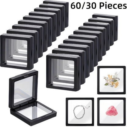 3D Floating Jewelry Display Box Bulk Set | Black Plastic Frame Clear Acrylic Panel Fabric-Lined Organizer for Jewelry Coins Collectibles – Secure Clasp Closure – 30 or 60 Pieces