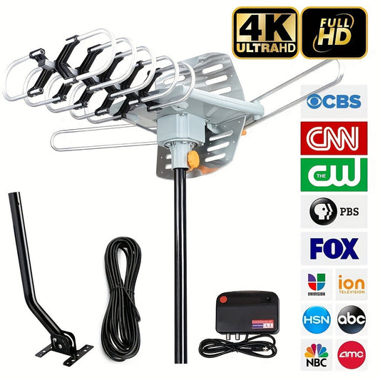 Amplified Outdoor TV Antenna 150 Mile Range – Motorized 360° Rotation, UHF VHF 4K 1080P, Wireless Remote, Supports 2 TVs, 33ft RG6 Coax Cable, Coaxial Grounding Block & Installation Rod Included