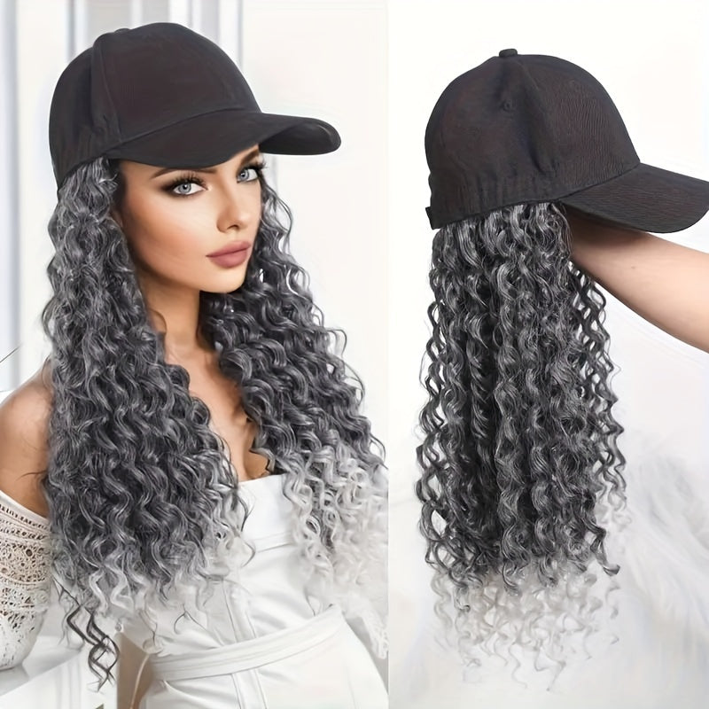 Afro Kinky Curly Baseball Cap Wig for Women 18 Inch Hat and Wig Combo Adjustable Elastic Net Long Synthetic Curly Hair Multi-Color Casual Daily Outdoor Wear