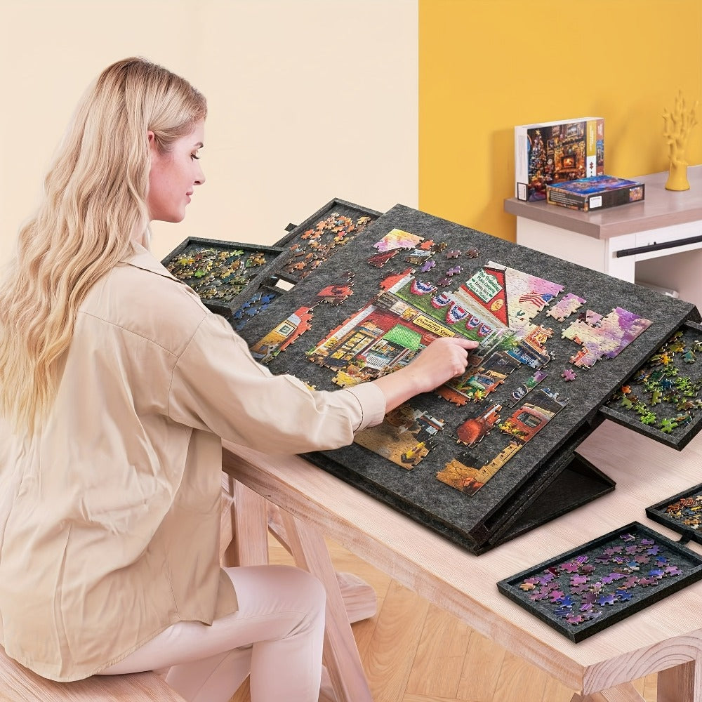 Felt Jigsaw Puzzle Board with 6 Storage Drawers, Portable Puzzle Table Adjustable Tilt Stand, 2-in-1 Cover