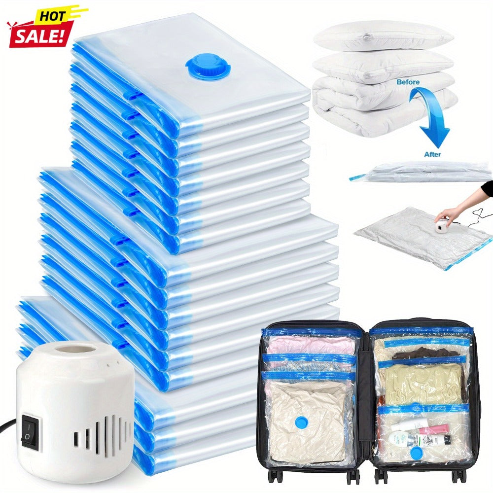 Clear Blue Vacuum Storage Bag Set with Pictured Electric Pump, 16-Piece Checkout Pack and Travel Cases