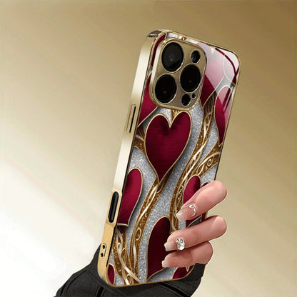 Phone Case Red and Gold Heart Pattern Slim Cover for Select iPhone and Samsung Galaxy Models