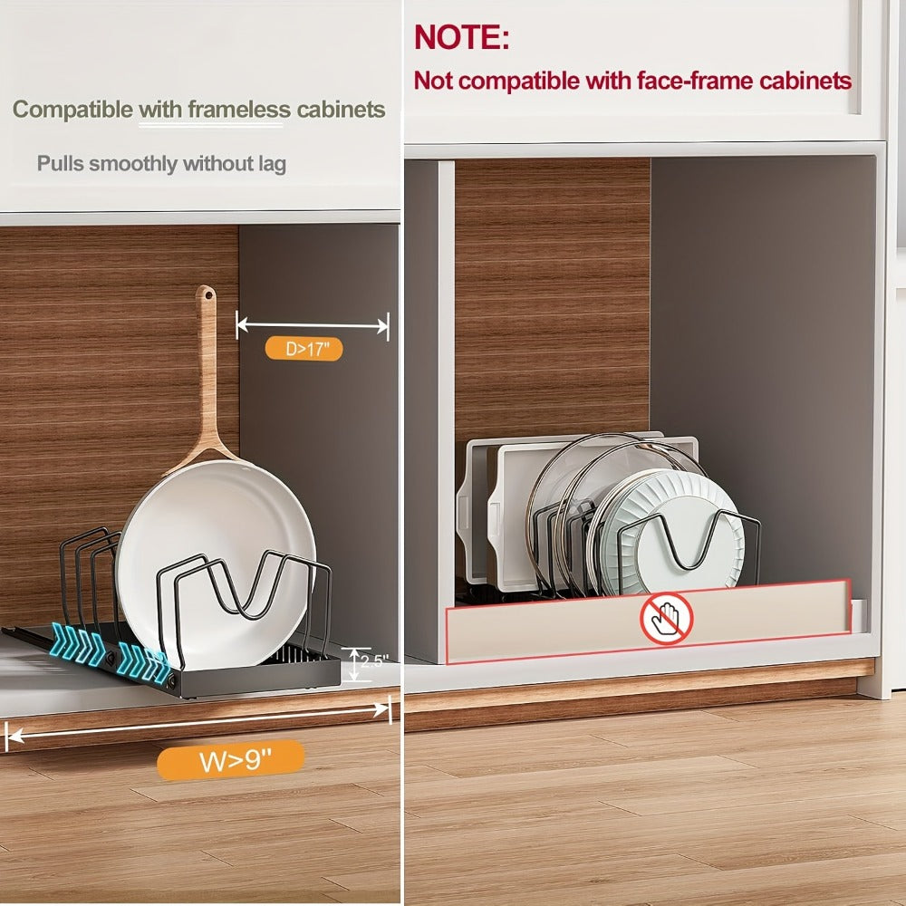 Two-Piece Pull-Out Cabinet Organizer for Pot Lids and Cookware with Removable Dividers in Black or White