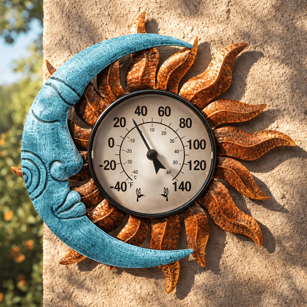 13.8-Inch Sun and Moon Outdoor Thermometer with Analog Dial and Blue-Bronze Wall-Mount Frame