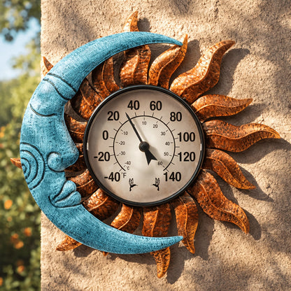 13.8-Inch Sun and Moon Outdoor Thermometer with Analog Dial and Blue-Bronze Wall-Mount Frame