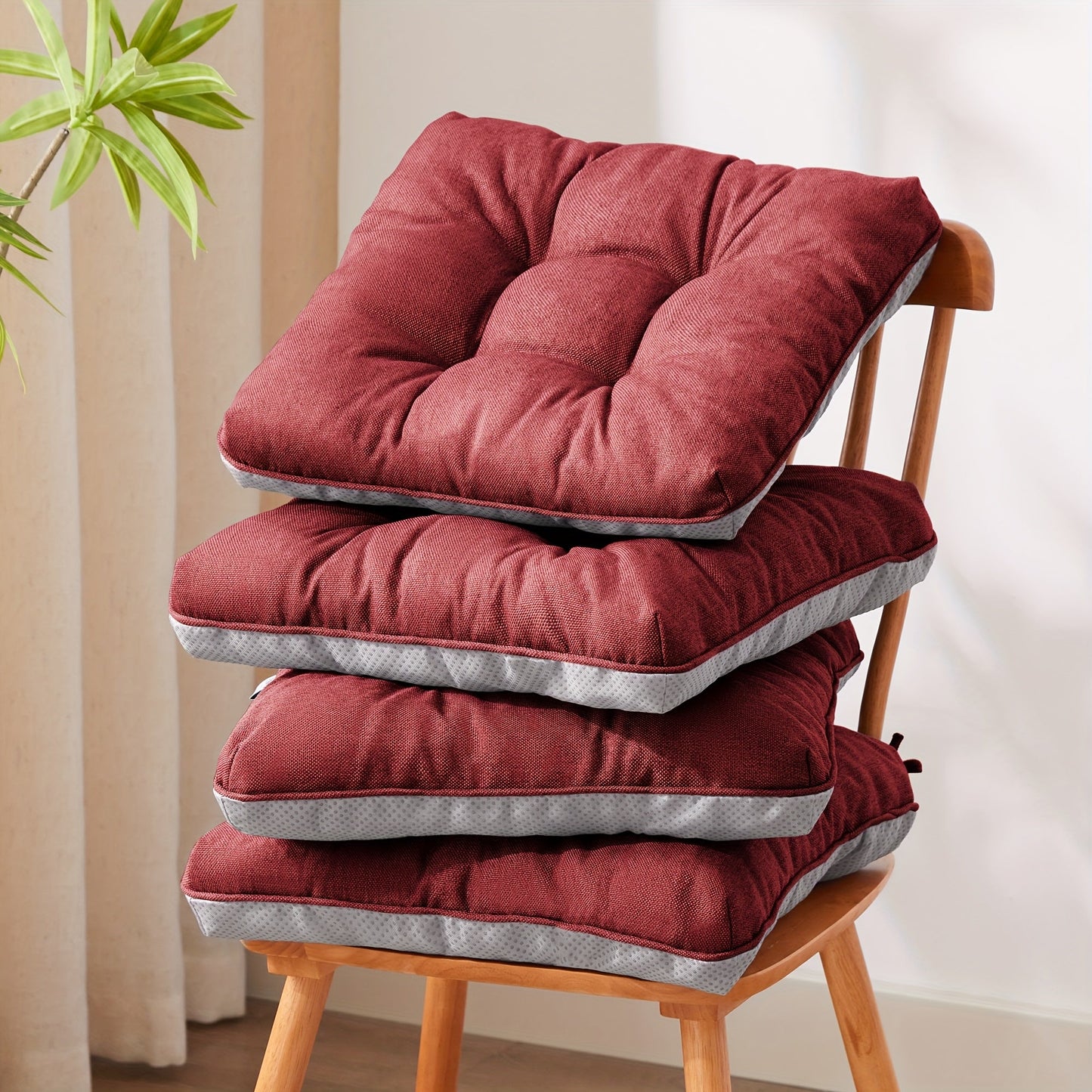 Tufted Chair Cushion Set with Four 15.5-Inch Pads, Tie Straps and 11 Solid Color Choices for Dining Chairs