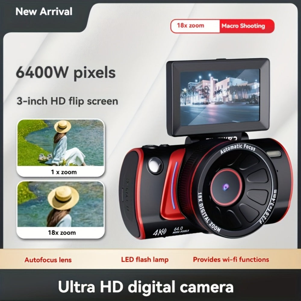 Digital Camera 4K Vlogging Model with 48MP Capture Marking, WiFi, 3-Inch 180° Flip Screen, 16X Digital Zoom and 32GB Card