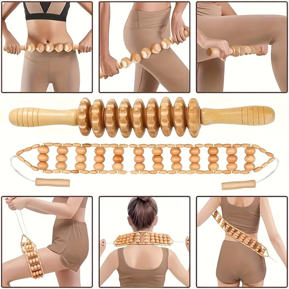 Wooden Manual Massage Tool Set, Six-Piece Roller and Scraping Kit with Textured Heads for Face, Neck and Body