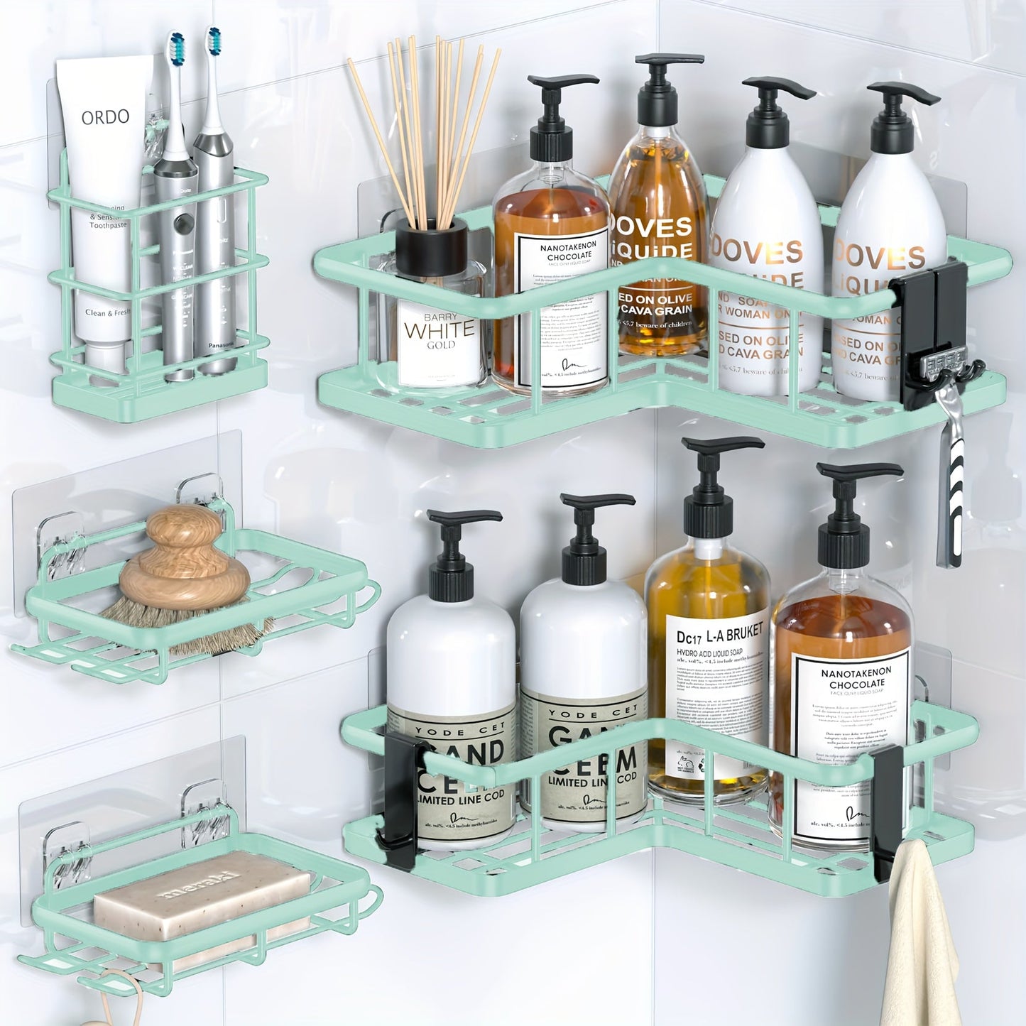 Five-Piece Corner Shower Caddy Set with Soap Holder and Four Removable Hooks in Seven Colors