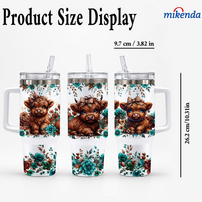 Insulated Tumbler 16oz or 40oz-2 Highland Cow Floral Graphic in 304 Stainless Steel Vacuum Design