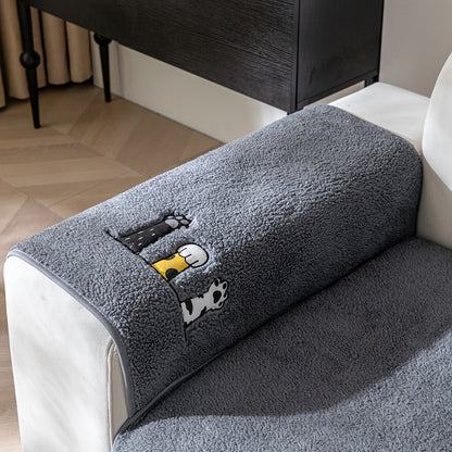 Sofa Cover, Sherpa Plush Cat-Paw Embroidered Seat Pad with Non-Slip Backing in Four Colors and Seven Sizes