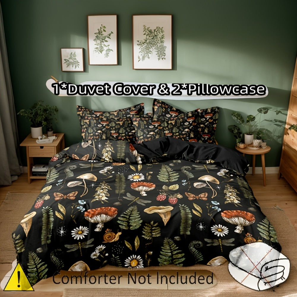 3-Piece Duvet Cover Set with Forest Mushroom and Leaf Print, Zipper Closure and Twin to King Sizes